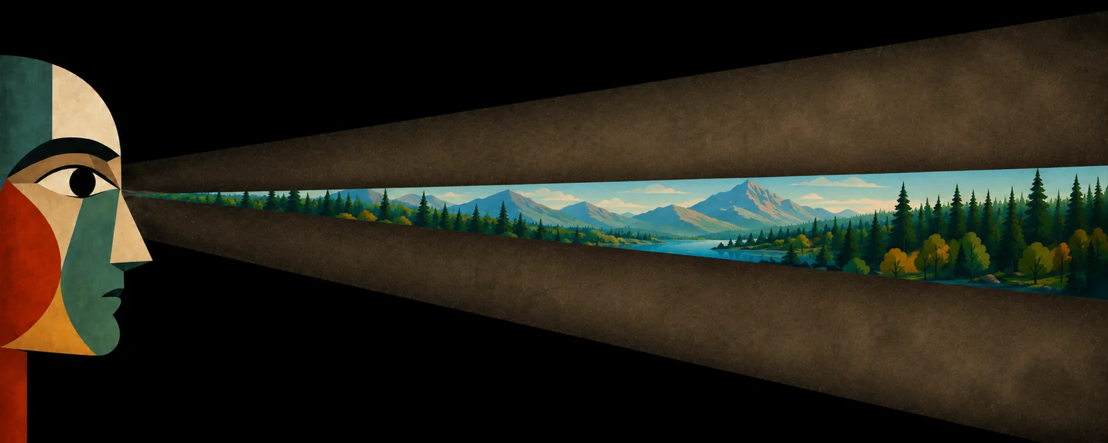 Stylized face with a visual focal area of a mountain landscape and a darkened, blurred periphery.